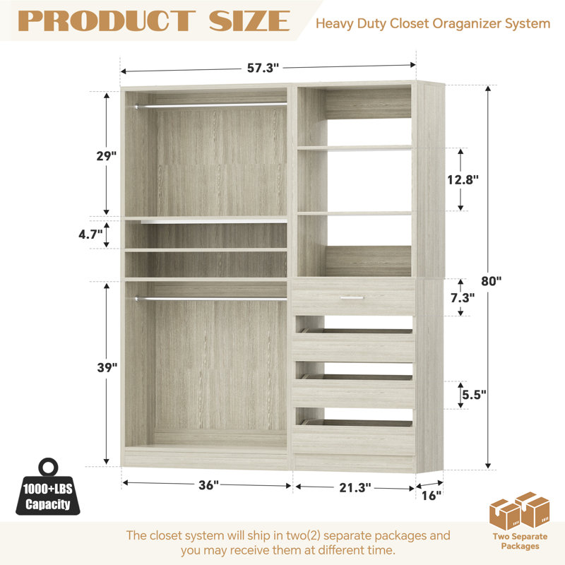 57" W Closet System With Drawers And Hanging Rods, Washed Oak