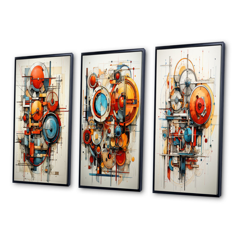 «Constructivism Dynamic Assemblage Geometric», 3 pièces, Cadre noir, H 20 po x l 36 po