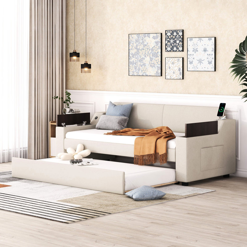 Lit de jour simple beige avec longue durée de vie et rangement