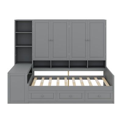Wooden Daybed With Three Drawers, And All-In-One Cabinet, Desk And Shelves