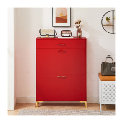 Rangement à chaussures rouge pour vestibule, range-chaussures autoportant avec 2 tiroirs rabattables - étagère à chaussures dissimulée peu encombrante pour garde-robe de couloir