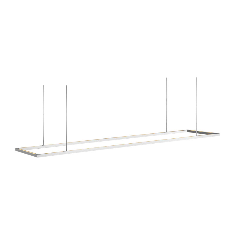 Mick De Giulio Stagger Halo 84 Linear Chandelier in Polished Stainless Steel with Acrylic shade, 72.3" H x 24" W x 84" D 