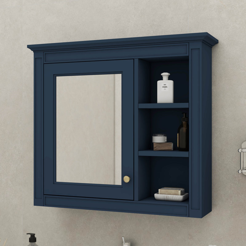 Armoire à pharmacie murale moderne 30 po x 28 po avec miroir et 3 tablettes ouvertes, Bleu