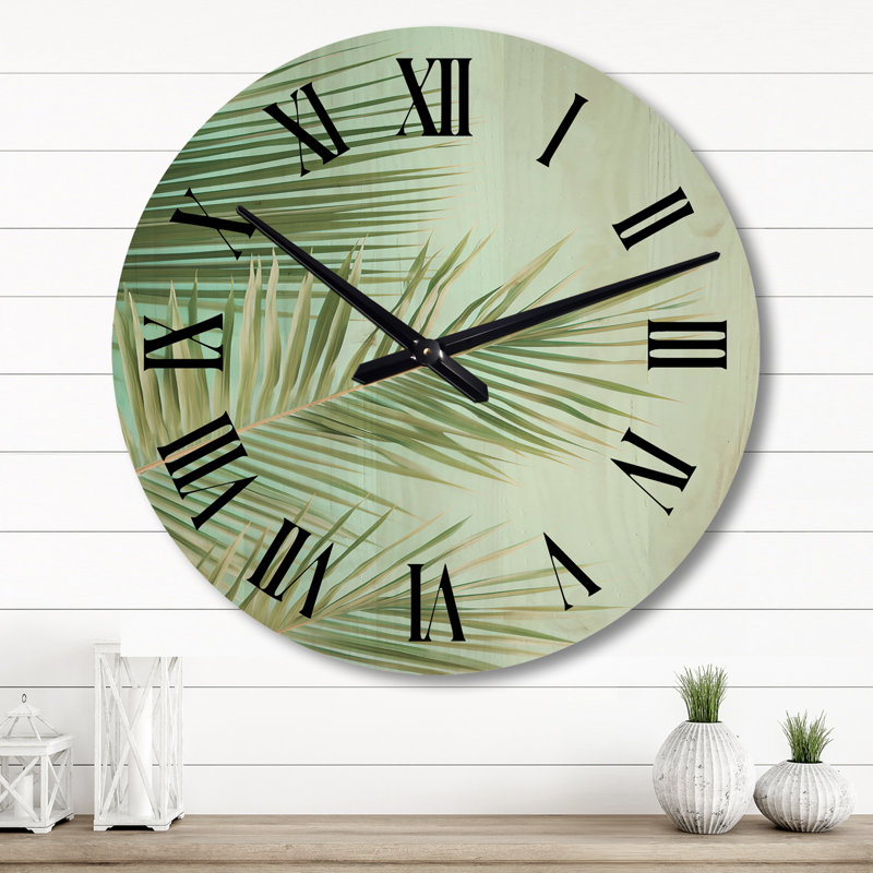Tropical Palms Leaves Illustration - Leaves Oversized Wood Wall Clock, Large