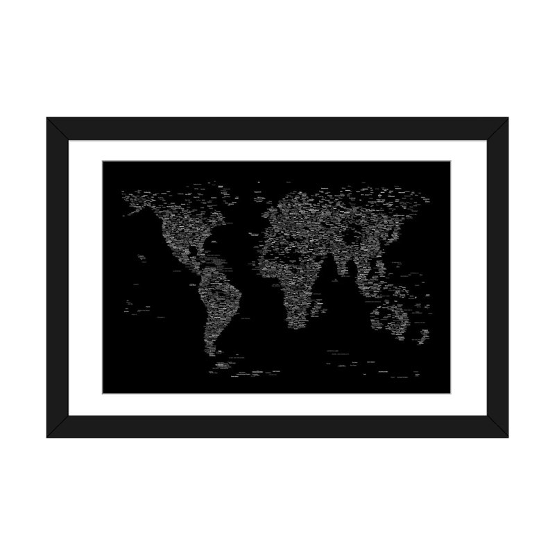«Font World Map» par Michael Tompsett, impression sur toile tendue, Papier d'art encadré noir, Blanc