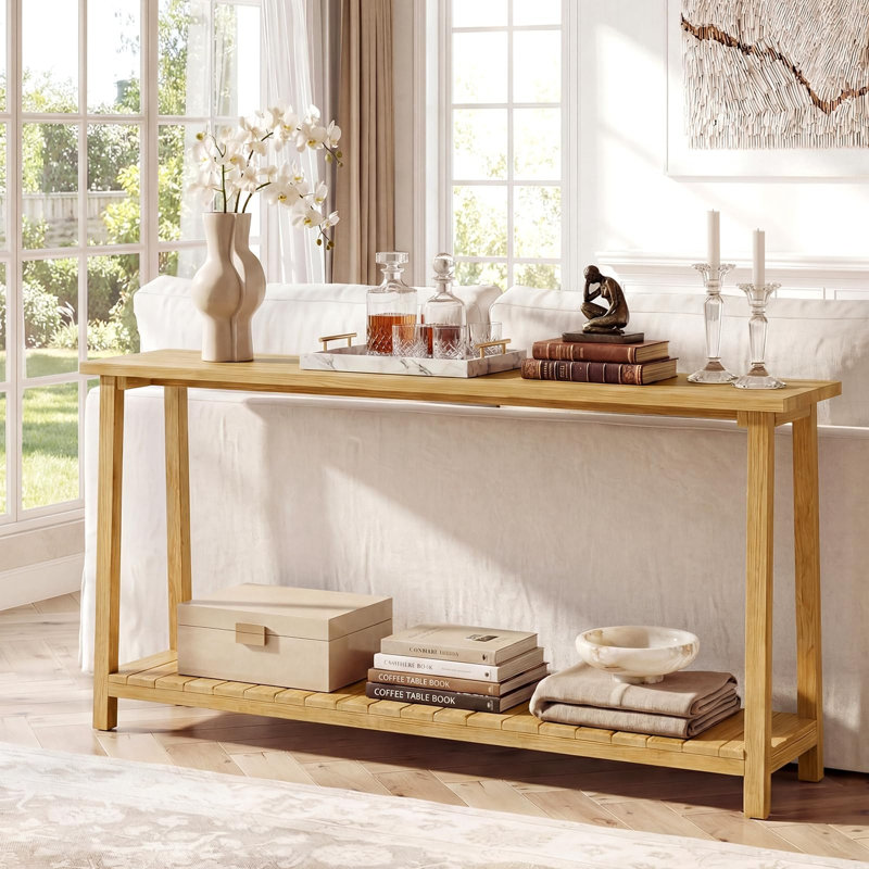 Console en bois massif de 180 cm, table d'entrée étroite à 2 niveaux