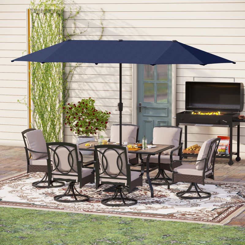 Alyah 6 - Person Rectangular Outdoor Dining Set with Swivel Chairs & Thick Cushions, Navy Blue