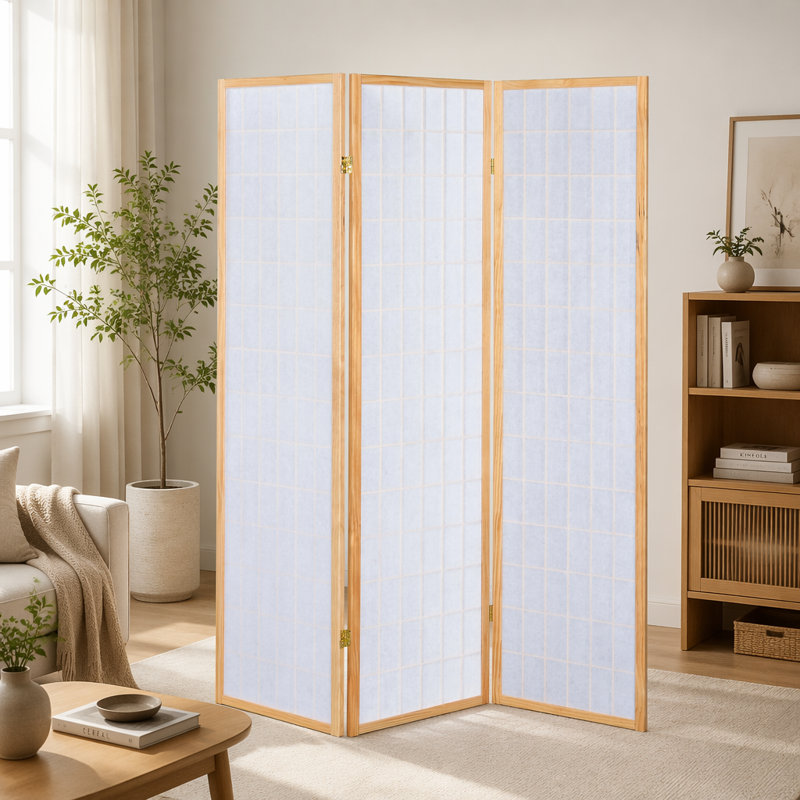 Three-Panel Folding Featuring Natural Wood Frame and Light-Diffusing Paper Panels for Elegant Privacy and Ambient Lighting.