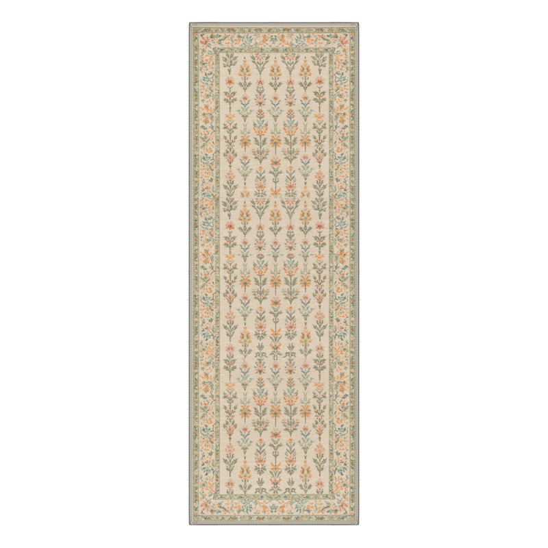 Allsop Aura Vintage Floral Machine Washable Beige / Orange / Green Indoor Area Rug with Non-Slip Backing, Runner 2'6" x 8'