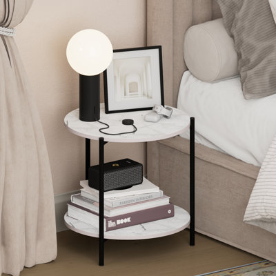 Furinno BESI Night Stand, 2-Tier Wide Round Nightstand with Metal Legs, Metal Frame End Table, Bedside Table, Side Table with Open Shelf, for Living Room, Bedroom, Marble White