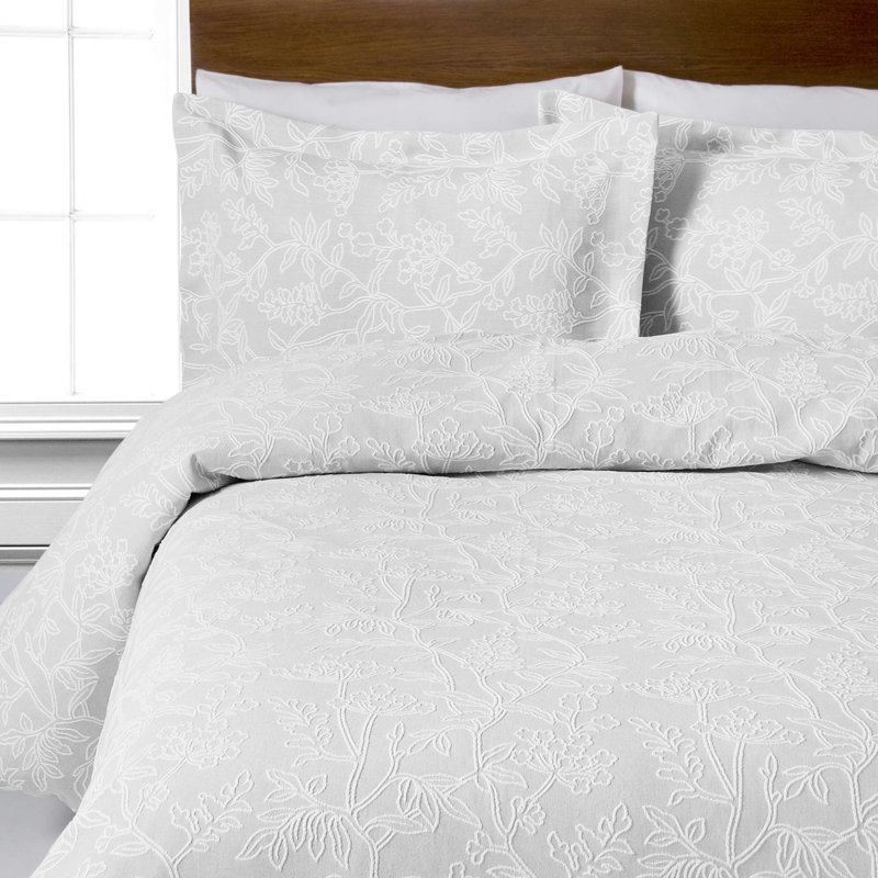 Iola Cotton Floral Duvet Cover Set with Pillowcases, Double Duvet Cover + 2 Standard Pillowcases, Ivory