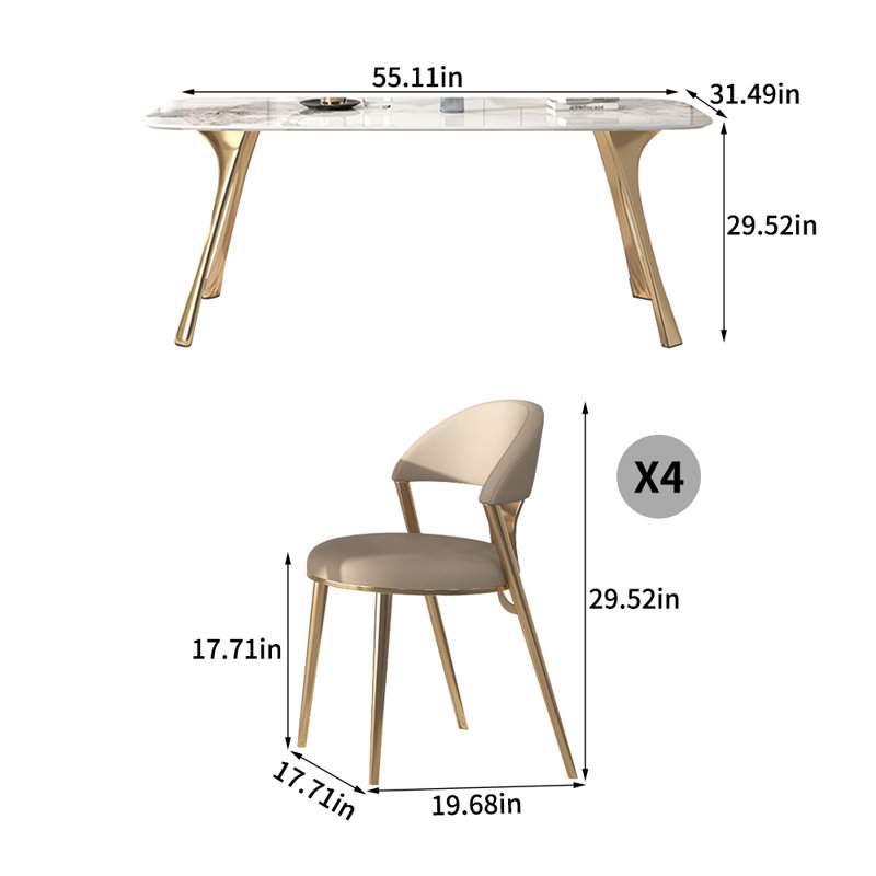 Luxury Rectangular Sintered Stone Dining Table Set, 29.52"H x 55.11"L x 31.49"W