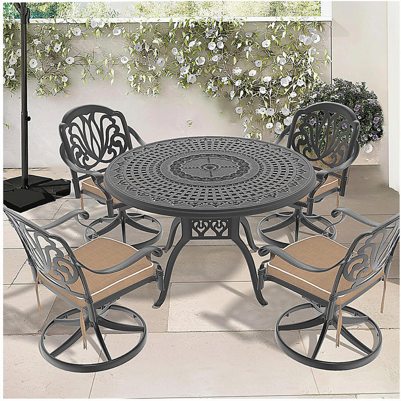 Ensemble de salle à manger 5 pièces en aluminium coulé résistant aux intempéries, comprenant 4 chaises pivotantes et une table ronde de 47,24 po avec structure noire (même SKU: W1710S00447)