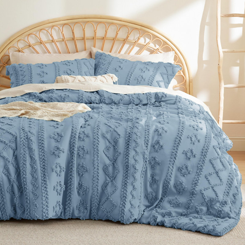 Ensemble d'édredon pour grand lit bohème 3 pièces Bedure, Grand lit, Bleu grisâtre