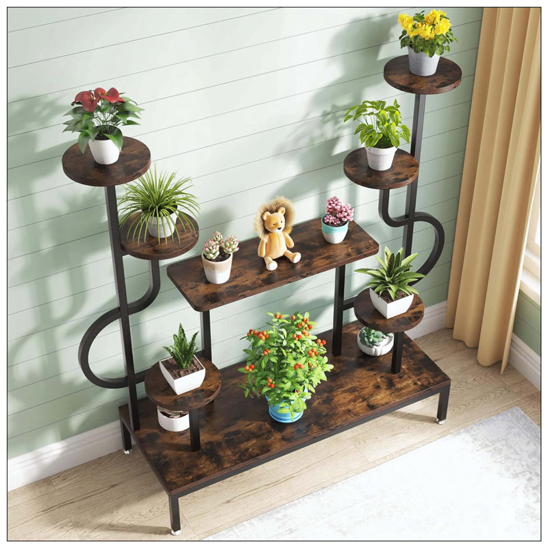 Support pour plante à 8 niveaux avec tablettes rondes / carrées brun rustique