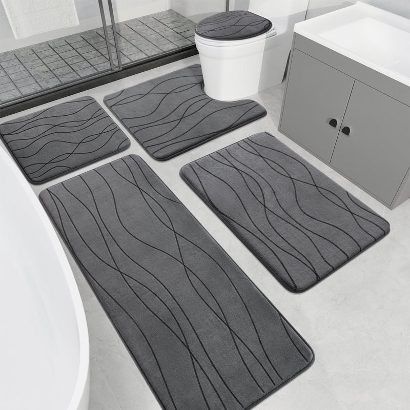 5 Piece Plush Memory Foam Bath Rug Set with Non-Slip Backing and High Absorbency, Dark Gray