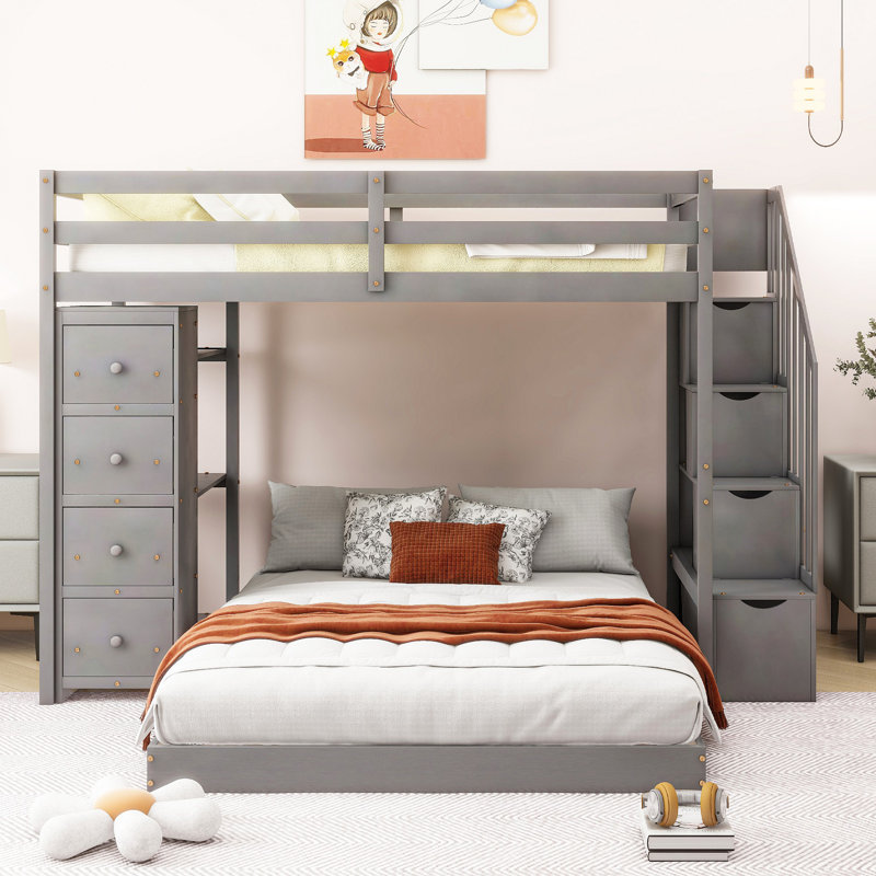 Bunk Bed With 3-Layer Shelves, Drawers And Storage Stairs