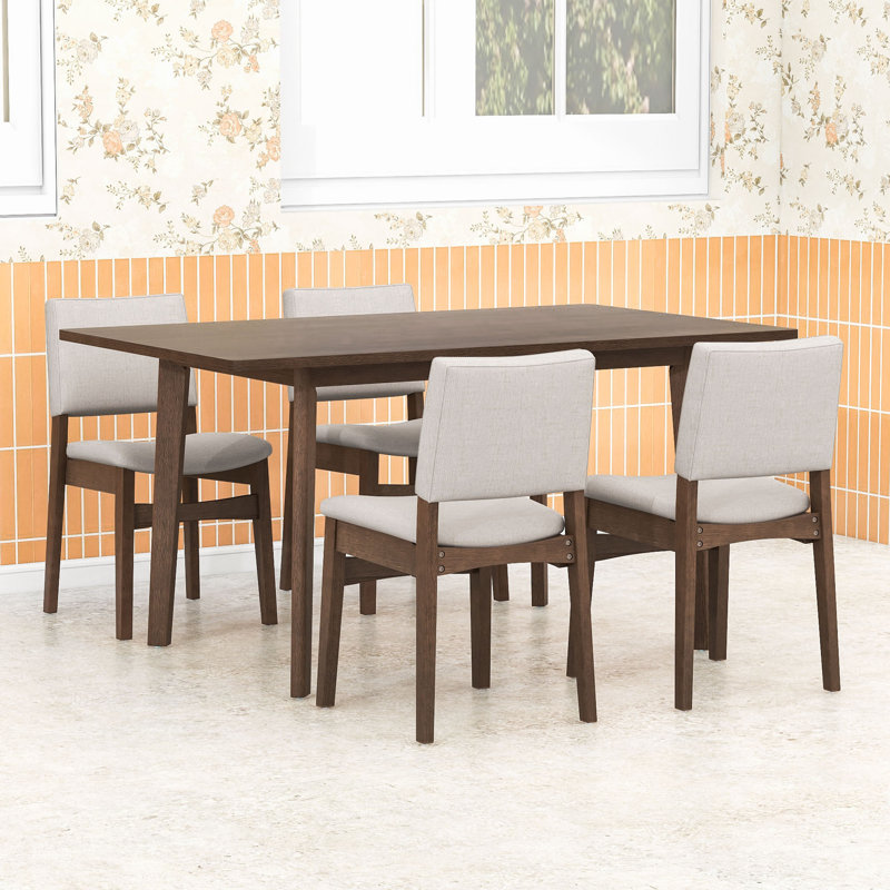 Ensemble de salle à manger 5 pièces avec table rectangulaire en bois et 4 chaises rembourrées en lin, Noyer foncé