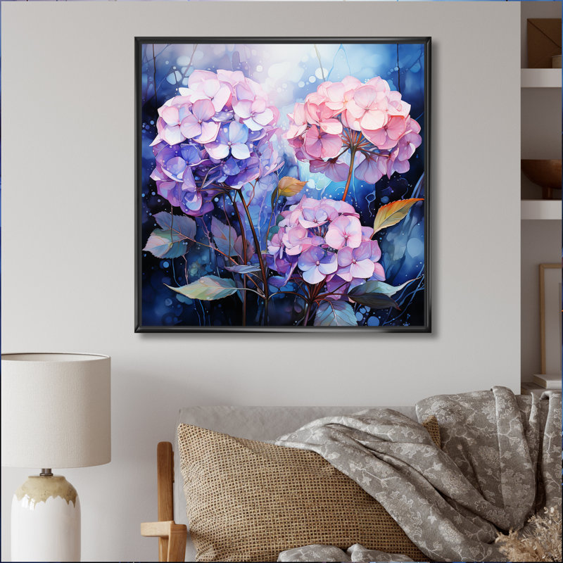 «Blue Hydrangea Hydrangea Whispers», impressions sur toile florales, Cadre flottant noir, H 16 po x l 16 po x P 1 po