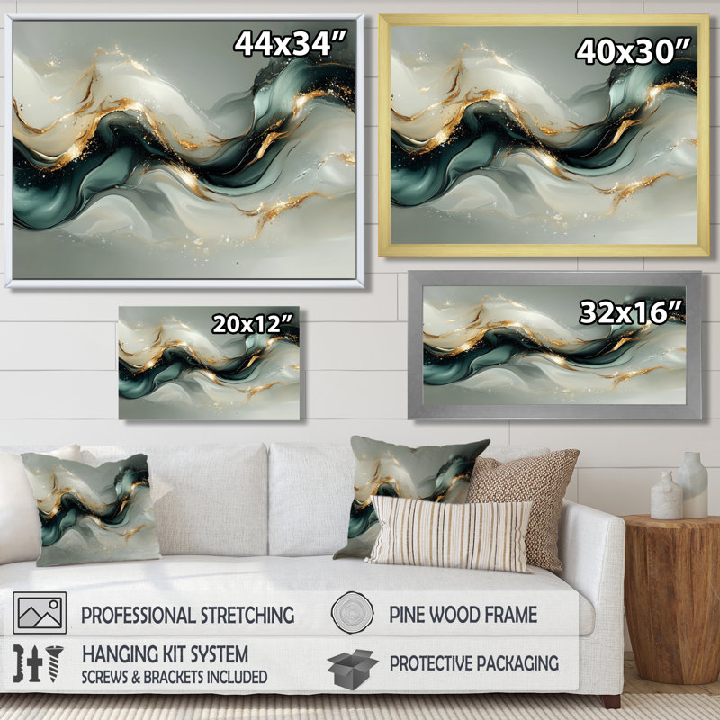 Marbre émeraude fractal, vagues océaniques III - marbre abstrait, art mural, H 24 po x l 32 po, Cadre flottant, Noir