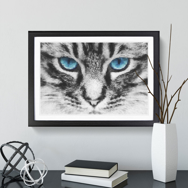 Bright Blue Cat Eyes Painting - Single Picture Frame Print on MDF, Black, 33cm H x 45cm W x 2cm D