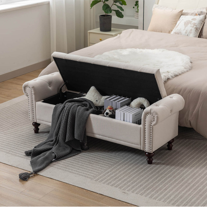 Velvet/Linen Upholstered Storage Bench With Segmented Storage Compartments, Beige