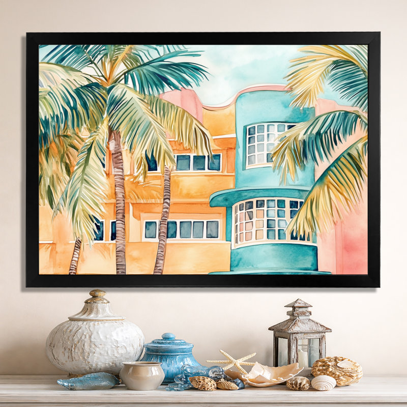 Orange Miami sous une lumière Art déco I - Tableau encadré de paysage urbain, H 30 po x l 40 po, Black Picture Framed