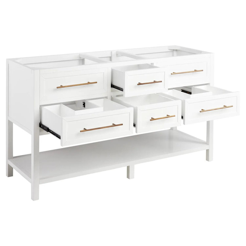 60" White Double Bathroom Vanity with Feathered Quartz Top