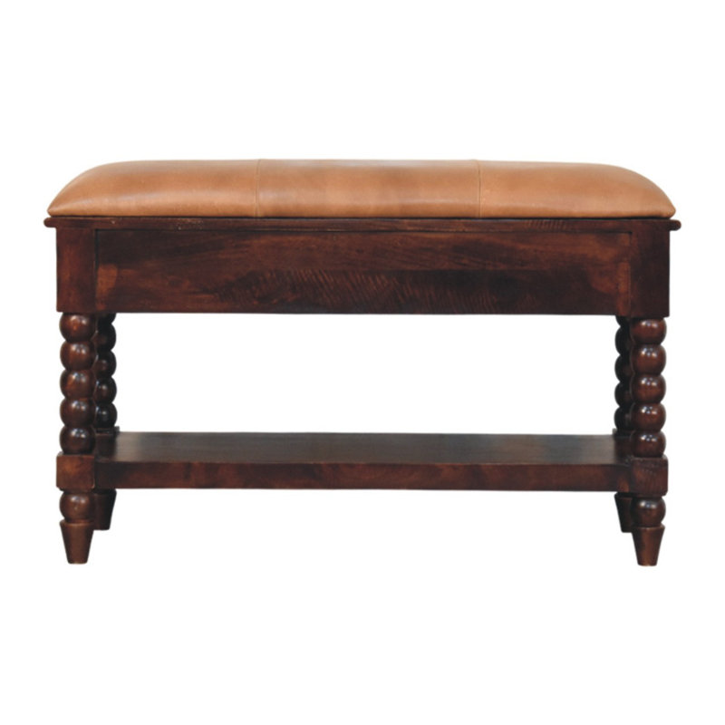  Banc de rangement rembourré en cuir véritable brun clair et brun foncé de 35 pouces avec tiroirs et tablettes