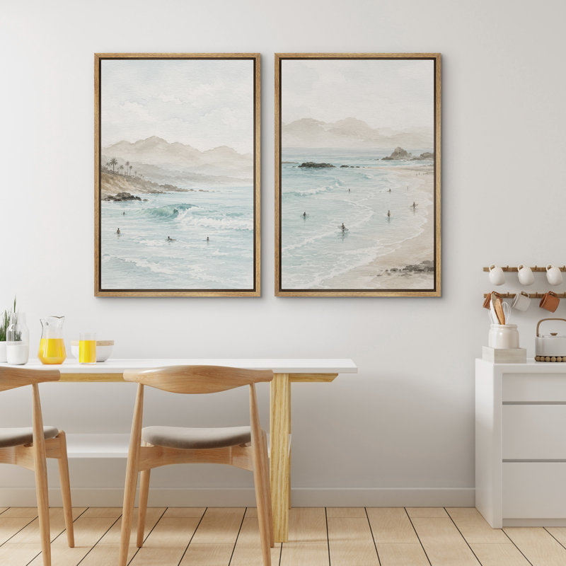 "Minimal Coastal Ocean Wave", ensemble de 2 reproductions d'art sur toile encadrées, 36" H x 24" W x 1.5" D, Natural