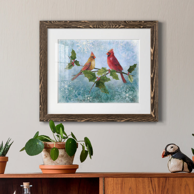 Winter Cardinal Duet II - reproduction d'art sur papier encadrée, Papier, cadre noyer, H 17 po x l 20 po x P 1 po