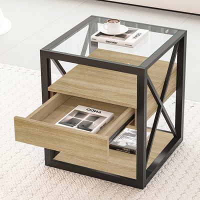 Set Of 2 Modern End Table With Drawer - Nightstand For Bedroom & Living Room, Natural Wood MDF & Tempered Glass Top, Industrial Style Side Table