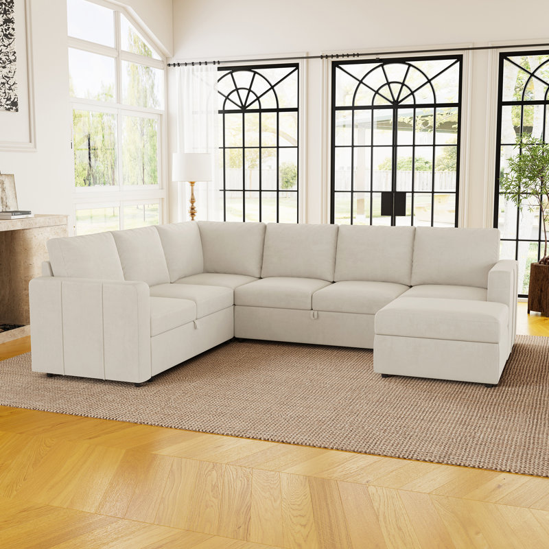 Ensemble de canapé modulaire en L avec grand espace de rangement, Velours beige