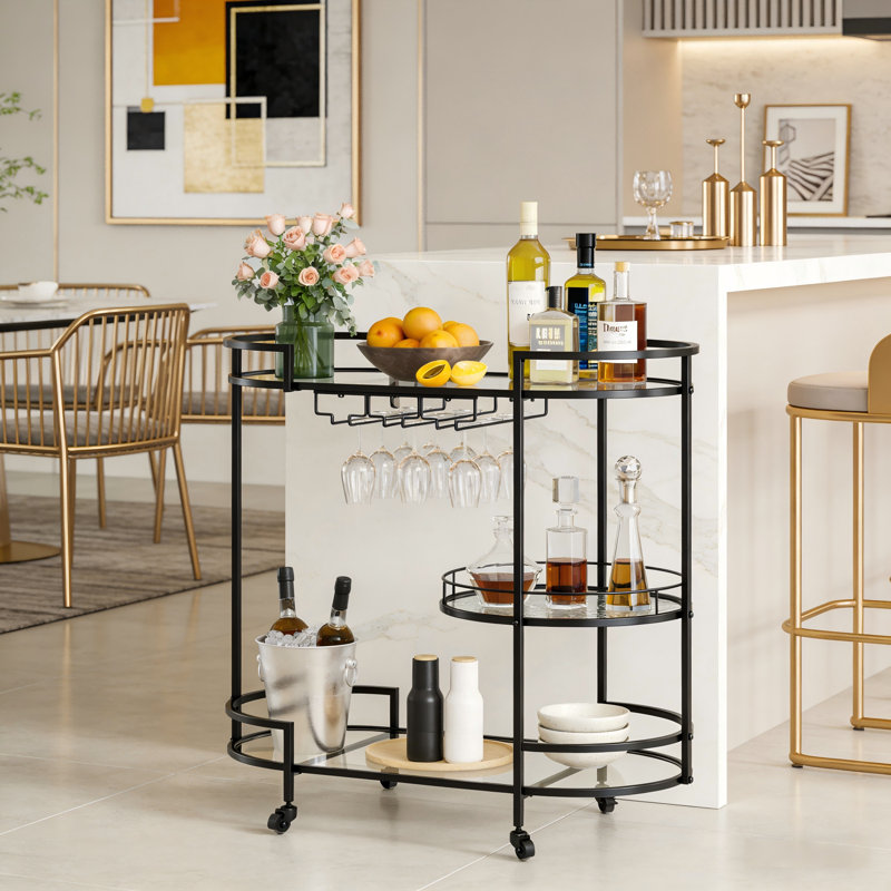 Mirror Shelf Metal Bar Cart, Black