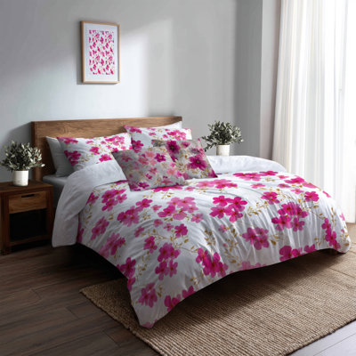 Floral Bedding Set 5 Pcs - Pink Fuschia Whisper Duvet Cover And Throw Cushion Set