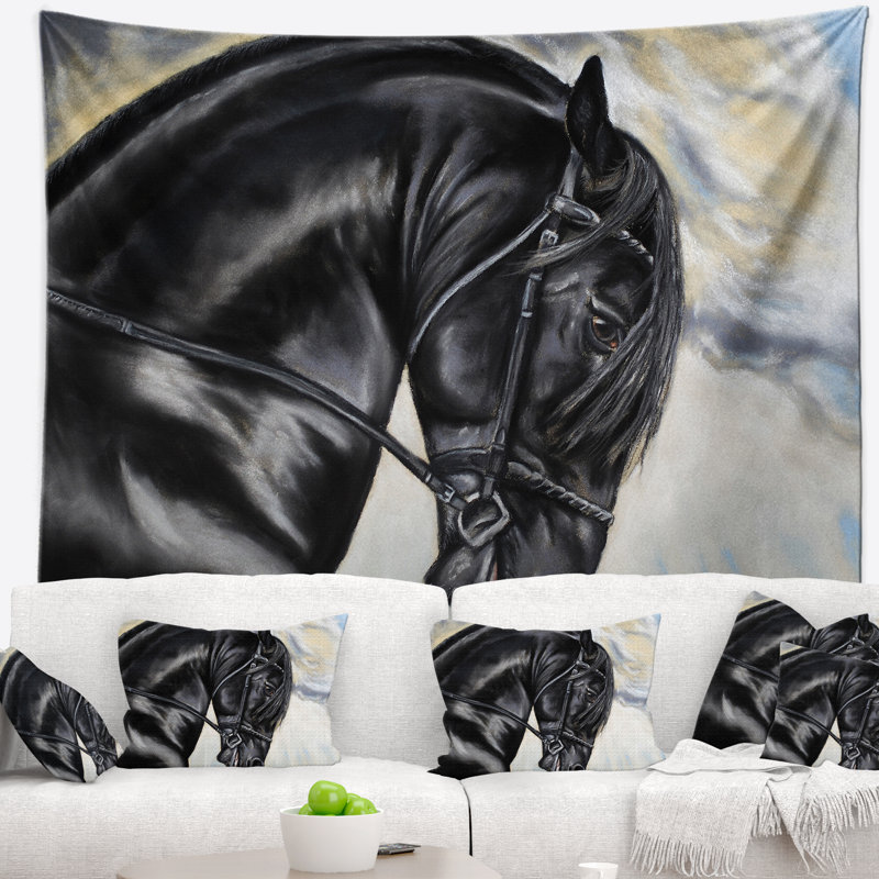 Tapisserie de cheval frison, H 50 po x l 60 po