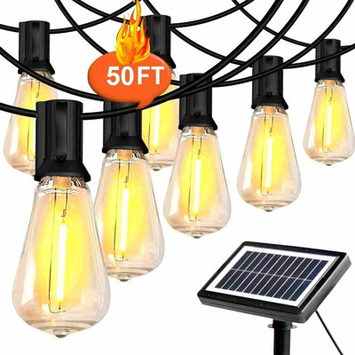 50ft. Solar Powered Outdoor St38 Globe String Lights - 12 Led Hanging Edison Bulbs - Ip65 Waterproof Bistro Lights For Backyard & Pergola - Warm White 2700k - Black Wire