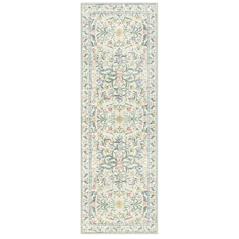 Tapis de couloir bohème lavable 60 x 180 cm – Antidérapant, mince, idéal pour couloir/cuisine/salle de bain, Floral beige