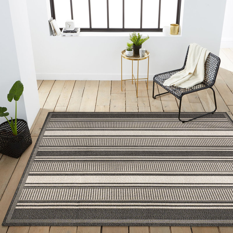 Tapis intérieur / extérieur noir / crème Lauchlyn, Rectangulaire 3 pi x 5 pi