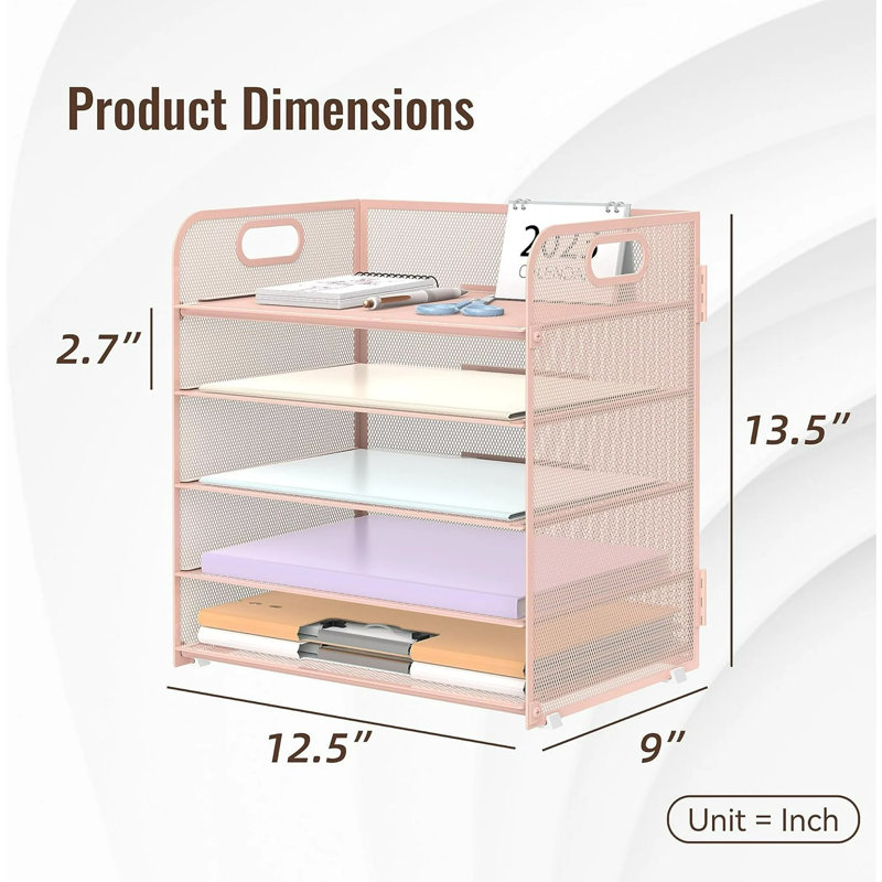 5-Tier Desktop Organizer Letter Tray With Handle-Mesh, Pink
