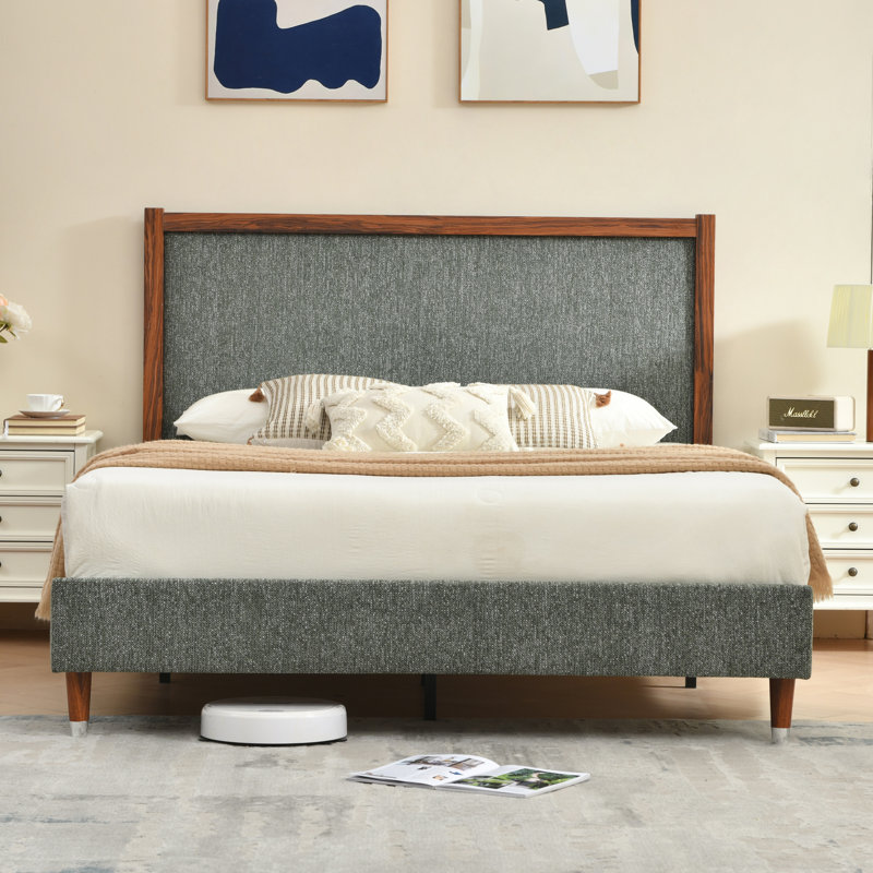 Lit plateforme tapissier avec tête de lit en tissu et bordure en bois, cadre de lit moderne avec support en lattes de bois, aucun sommier tapissier requis