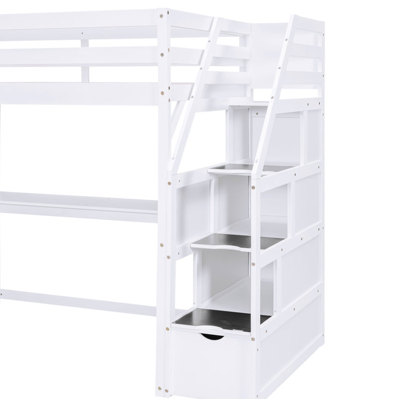 Lit mezzanine simple blanc avec bureau, tablettes, taille d'escalade sécuritaire et escalier de rangement, Lit simple, Blanc