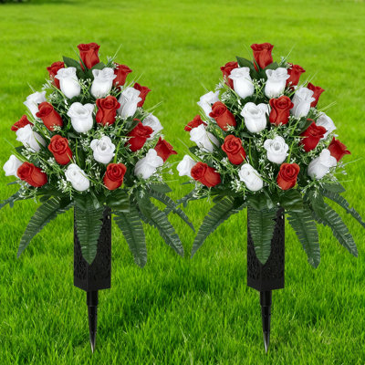 2 ensembles de fleurs de cimetière artificielles avec vase - décorations de tombes extérieures, bouquet de roses de couleur non-saignantes, beaux arrangements floraux durables pour un décor de tombe commémorative
