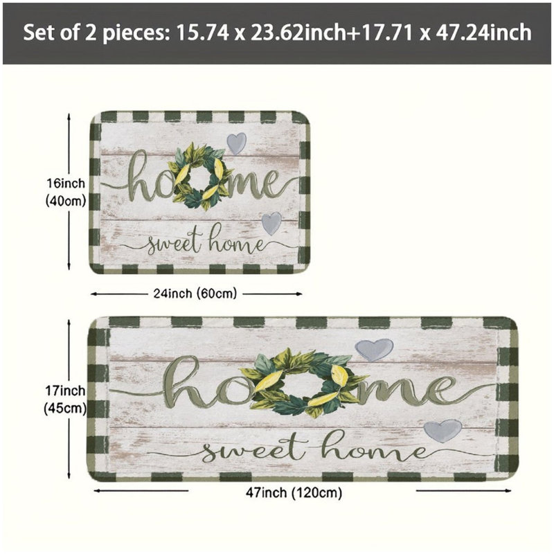 Tapis de cuisine «Home Sweet Home» Green Check, 2 tapis pour décoration intérieure, tapis de cuisine et de vestibule