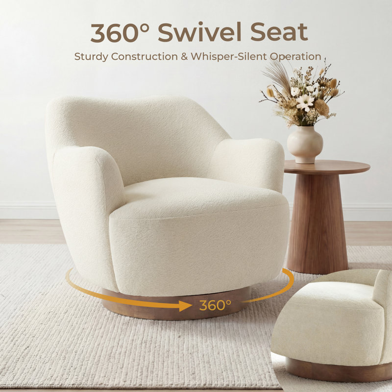 Modern Upholstered Swivel Barrel Chair With Solid Wood Base, Linen