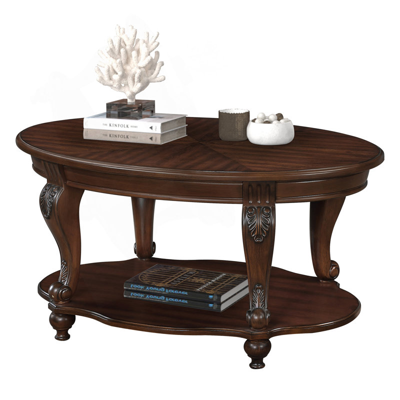 Table basse ovale en bois massif de 42 pouces avec conception à 2 niveaux et tablette de rangement ouverte