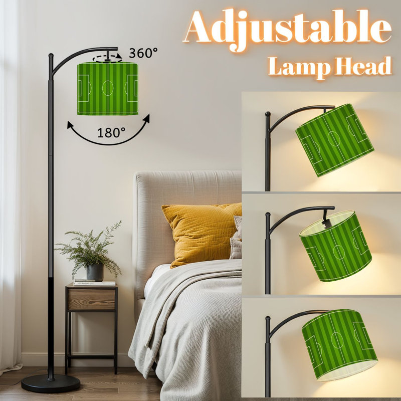 Arc Floor Lamp with Adjustable Lampshade Soccer Field Aerial View Green Grass White Lines Standing Lamp 3 Color Temperatures Dimmable Tall Pole Lamp with Foot Switch for Bedroom