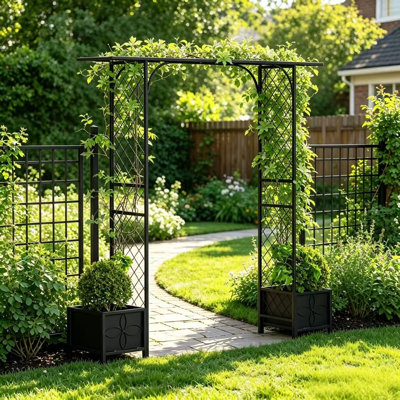 Zhongma Black Decorative Metal Garden Arbor,82.7"Lx15.74 "Wx83.5"H Outdoor Arch Pergola with Built-in Planters, Ideal for Climbing Vines & Flowers