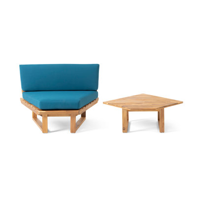 Chaise de coin Holubov + table basse, bleu sarcelle - coussins résistants à l'eau, bois d'acacia durable