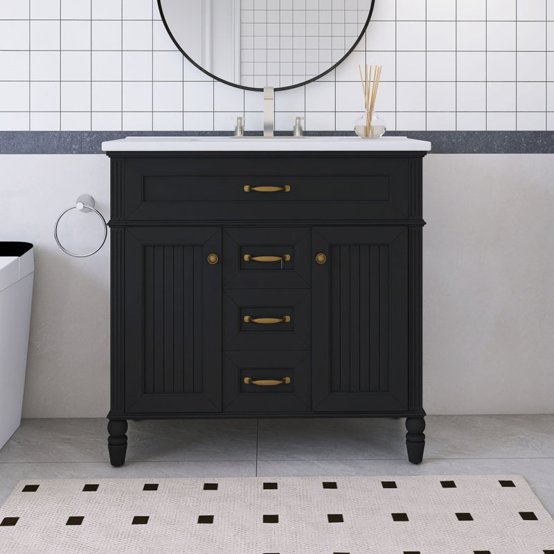 36'' Freestanding Single Sink Bathroom Vanity With Ceramic Top, Gold, Black